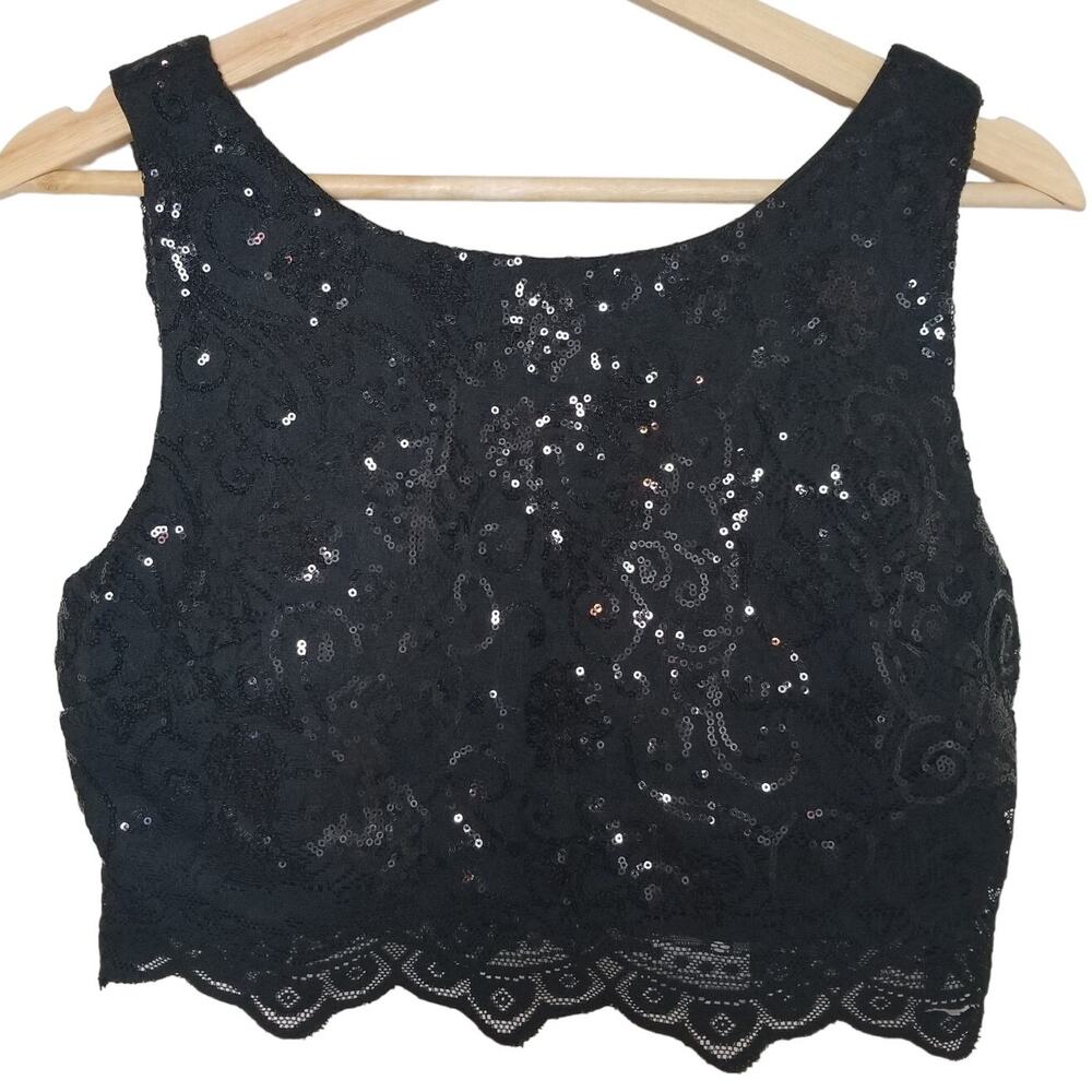 Sequin Lace Crop Top Zip Back XS Black Whimsygoth Statement Club Party Layering